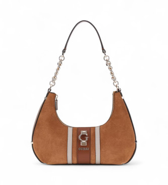 Guess Mini saco de ombro Erenia em pele genuna castanha