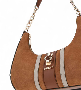 Guess Mini saco de ombro Erenia em pele genuna castanha