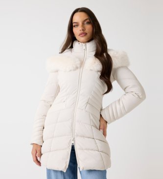 Guess Piumino con cappuccio in pelliccia sintetica beige crema