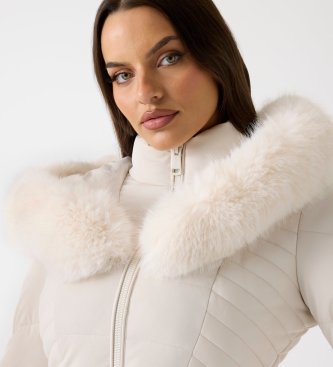 Guess Piumino con cappuccio in pelliccia sintetica beige crema