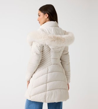 Guess Piumino con cappuccio in pelliccia sintetica beige crema