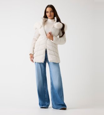 Guess Piumino con cappuccio in pelliccia sintetica beige crema