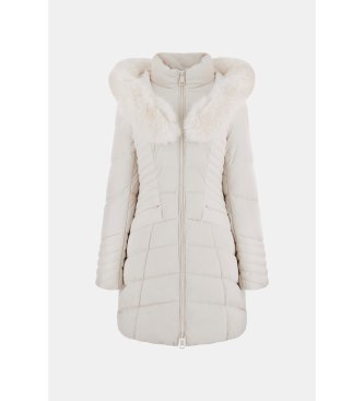 Guess Piumino con cappuccio in pelliccia sintetica beige crema