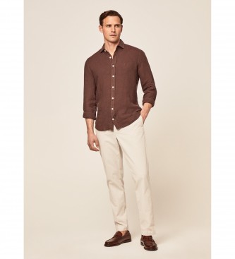 Hackett London Lanena srajca Slim Fit rjave barve
