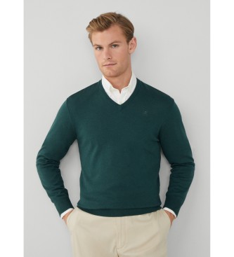 Hackett London Jedwabny sweter z dekoltem w szpic zielony