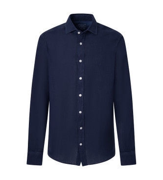 Hackett London Camisa de linho tingida em tecido azul-marinho