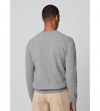 Hackett London Kabelski pulover z jagnjetino volno Crew sive barve
