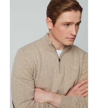 Hackett London Maglione in lana con zip in lana d'agnello marrone pietra