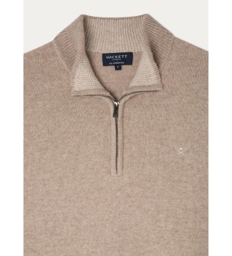 Hackett London Maglione in lana con zip in lana d'agnello marrone pietra