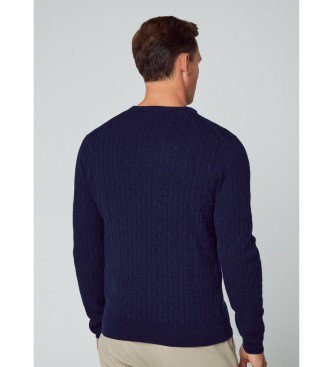 Hackett London Maglione girocollo a trecce in lana d'agnello blu scuro