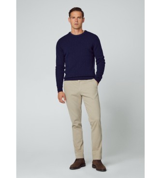 Hackett London Maglione girocollo a trecce in lana d'agnello blu scuro