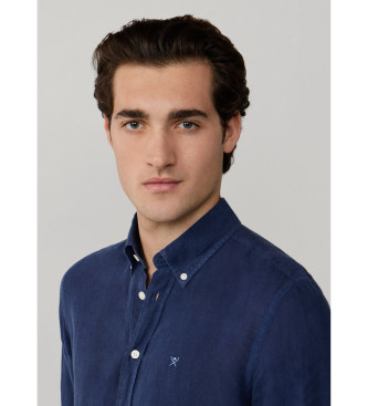 Hackett London Camisa de linho tingida em azul-marinho de corte � medida