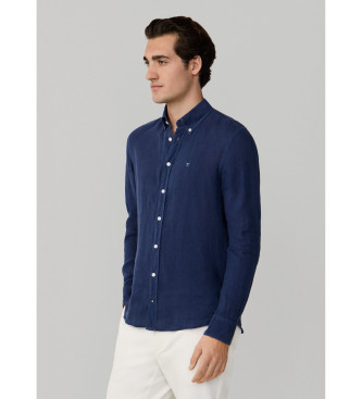Hackett London Camisa de linho tingida em azul-marinho de corte � medida