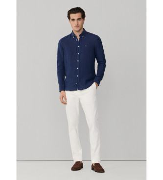 Hackett London Camisa de linho tingida em azul-marinho de corte � medida