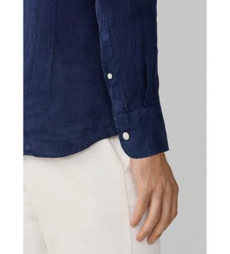 Hackett London Camisa de linho tingida em azul-marinho de corte � medida