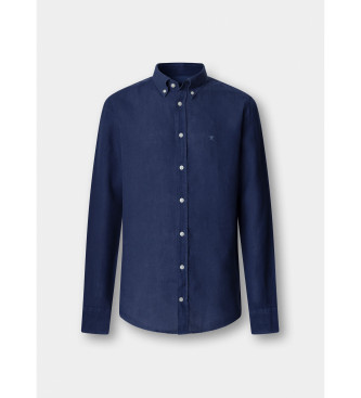 Hackett London Camisa de linho tingida em azul-marinho de corte � medida