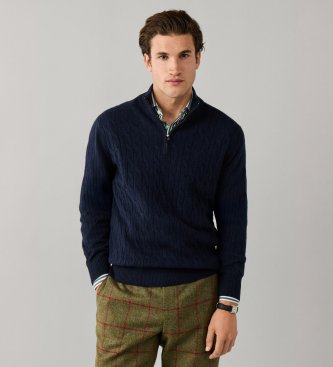 Hackett London Pull col zippé en Lambswool câblé marine