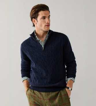 Hackett London Pull col zippé en Lambswool câblé marine