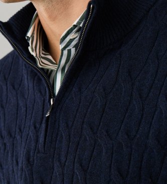 Hackett London Pull col zippé en Lambswool câblé marine