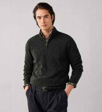 Hackett London Camisola com fecho Lambswool Cable Hzip verde