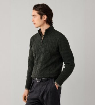 Hackett London Camisola com fecho Lambswool Cable Hzip verde