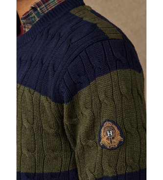 Hackett London Marineblå/grøn strikket trøje med kabelmønster