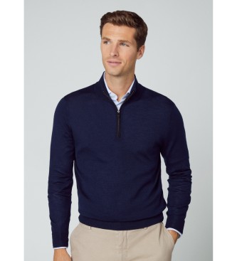 Hackett London Merino svileni pulover z zadrgo mornarske barve