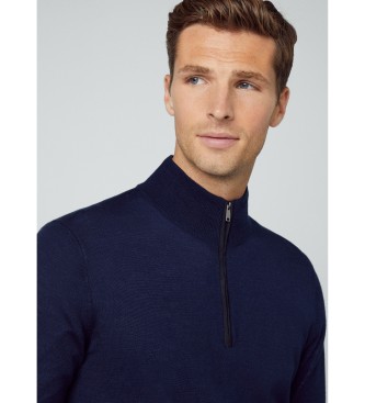 Hackett London Merino svileni pulover z zadrgo mornarske barve