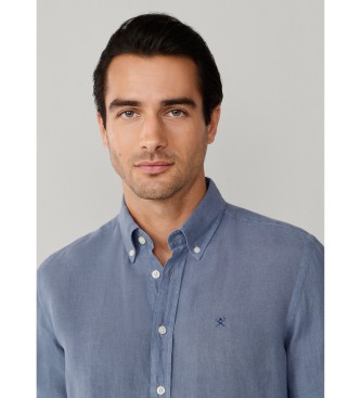 Hackett London Camisa de linho tingida de ajuste personalizado azul