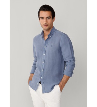 Hackett London Camisa de linho tingida de ajuste personalizado azul