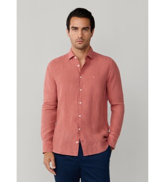 Hackett London Camisa de linho tingida de linho ajustada por medida vermelha