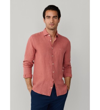 Hackett London Camisa de linho tingida de linho ajustada por medida vermelha
