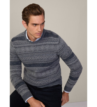 Hackett London Pull Fairisle Crew gris