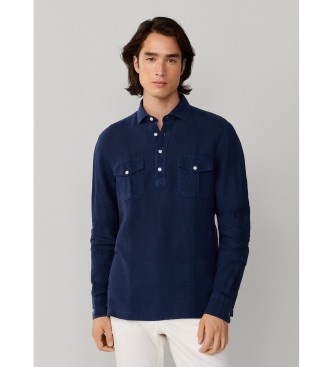 Hackett London Camisa de linho com meia carcela e corte cl�ssico azul-marinho