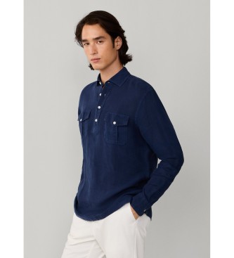 Hackett London Camisa de linho com meia carcela e corte cl�ssico azul-marinho