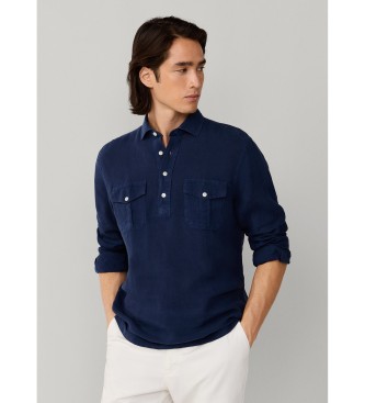 Hackett London Camisa de linho com meia carcela e corte cl�ssico azul-marinho