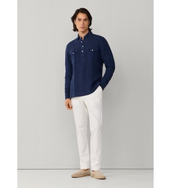 Hackett London Camisa de linho com meia carcela e corte cl�ssico azul-marinho