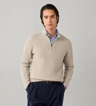 Hackett London Maglione con cerniera Highland Stitch Hzip beige