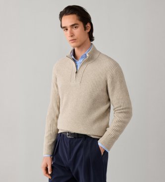 Hackett London Maglione con cerniera Highland Stitch Hzip beige