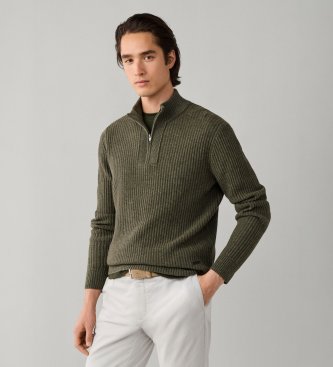 Hackett London Maglione con cerniera Highland Stitch Hzip verde oliva