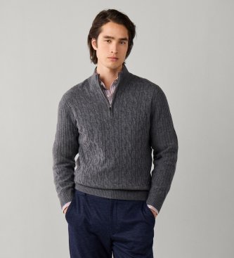 Hackett London Maglione con zip Lambswool Cable Hzip grigio medio