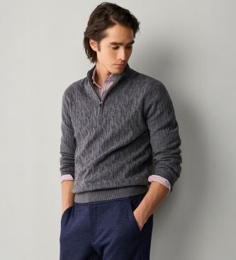 Hackett London Maglione con zip Lambswool Cable Hzip grigio medio