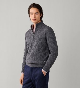 Hackett London Maglione con zip Lambswool Cable Hzip grigio medio