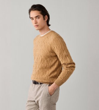 Hackett London Maglione girocollo in lambswool a trecce beige