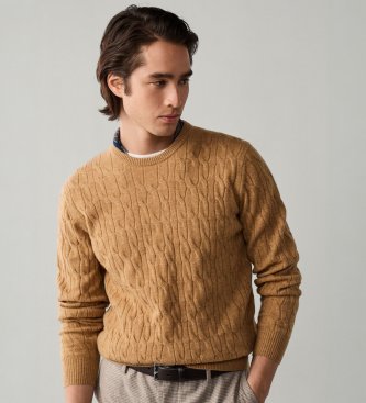 Hackett London Maglione girocollo in lambswool a trecce beige