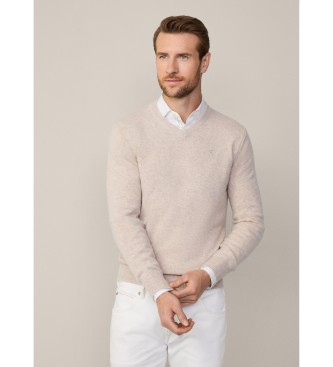 Hackett London Beżowy sweter z dekoltem w szpic