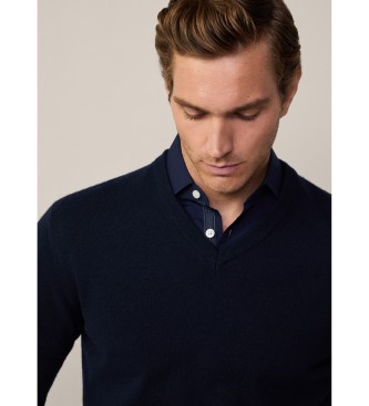 Hackett London Maglione V in misto lana merino blu scuro