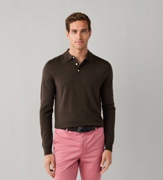 Hackett London Polo in maglia Merino Silk marrone scuro