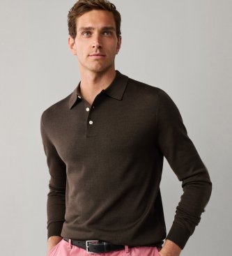Hackett London Polo in maglia Merino Silk marrone scuro