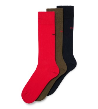 HUGO Paket 3 parov standardnih dolgih nogavic rdeče, rjave, črne barve